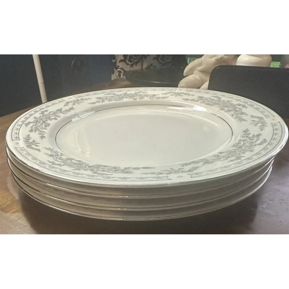 Vintage Somerset By Excel Set of 4 Dinner Plated Pink Blue Floral Silver Trim